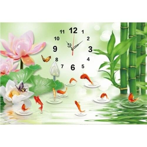 5D Full DIY Diamond Embroidery Wall Clock Painting Cross Stitch Watch Mosaic Rhinestones hoom decor picture bamboo fish lotus