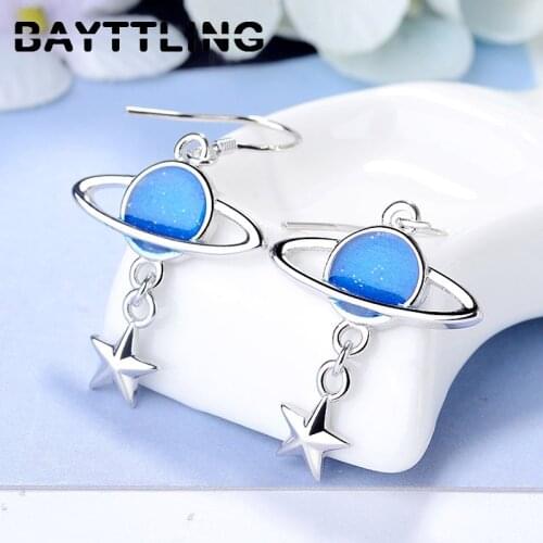 BAYTTLING 925 Sterling Silver 40MM Fine Blue Planet Star Drop Earrings For Women Fashion Wedding Jewelry Couple Gift