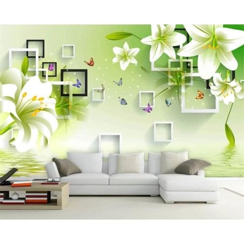 Beibehang Custom wallpaper mural photo fashion fresh green lily reflection 3D stereo TV background wall decoration painting