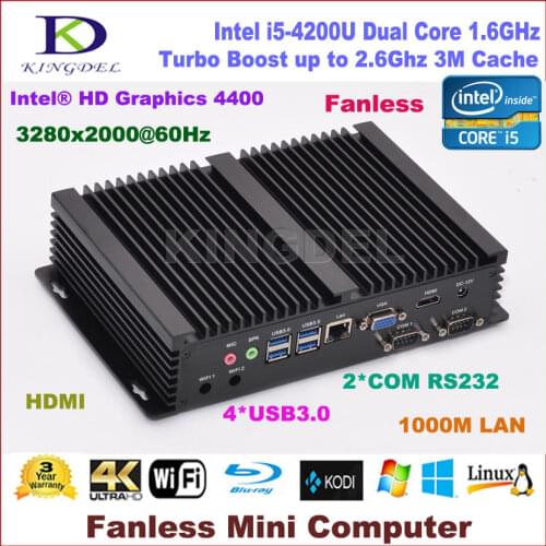 Best price Fanless Industrial Mini PC Windows 10 Rugged ITX Aluminum Case Intel Core i5 4200U HTPC TV Box RS232 WiFi USB NC320