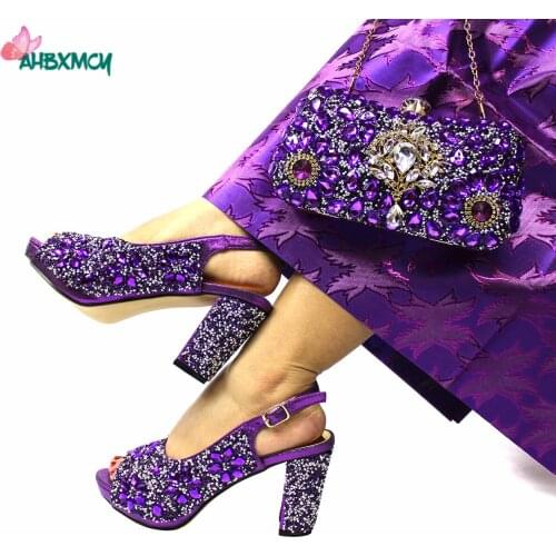 2021 Purple Color Comfortable Heels Shoes Matching Handbag with Shinning Crystal Platform Sandals for Wedding Party