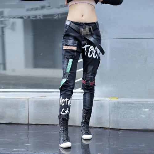 Punk Style Winter New Arrival Fashion Women Harem Pants Vintage Washed Ripped Bleached Patchwork Long Pants Female Denim Jeans