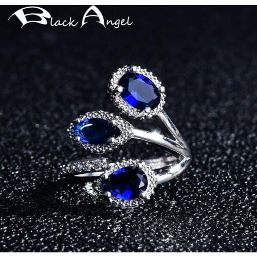BLACK ANGEL 2021 New 925 Silver Lab Created Three Leaves Sapphire Blue Gemstone Resizable Ring For Women Jewelry Wedding Gift