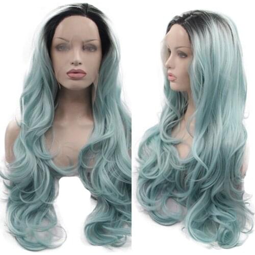 Long Curly Mint Lime Dark Green Free Part Ombre Black Body Water Wave Frontal Lolita Cosplay Glueless Transparent Lace For Women