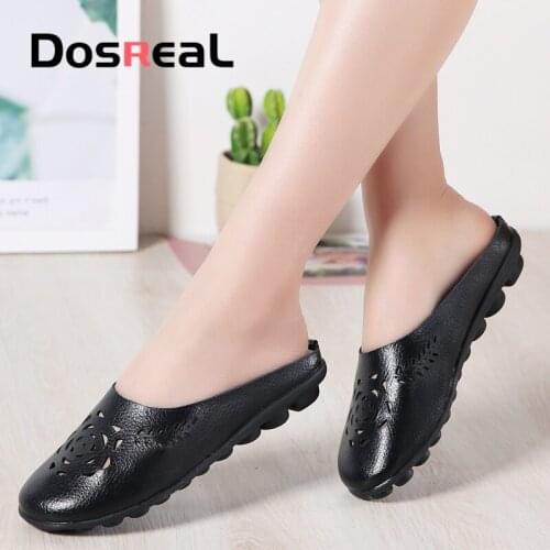Dosreal New Arrival Women Flats Shoes Summer Leather Loafers Footwear With Hole Half Shoes Flower Design Shoes