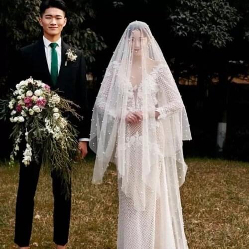 2021White Bridal Veil Without Comb One Layer Veil With Pearls 1.5M/2M/3M Wedding Beads Veil Velos de Noiva Accessories Wholesale