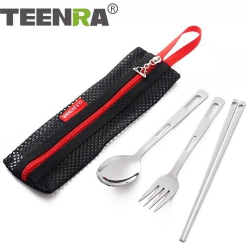 TEENRA 3PCS Camping Tableware Portable Outdoor Camping Fork Spoon Chopsticks Travel Cutlery Set Stainless Steel Outdoor Tools