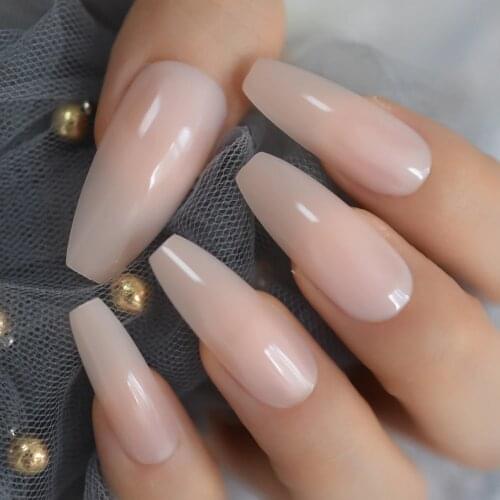 Nude Extra Long Fake Nails Coffin Full Cover Glossy False Nail Long Ballerina Nails with Glue Sticker