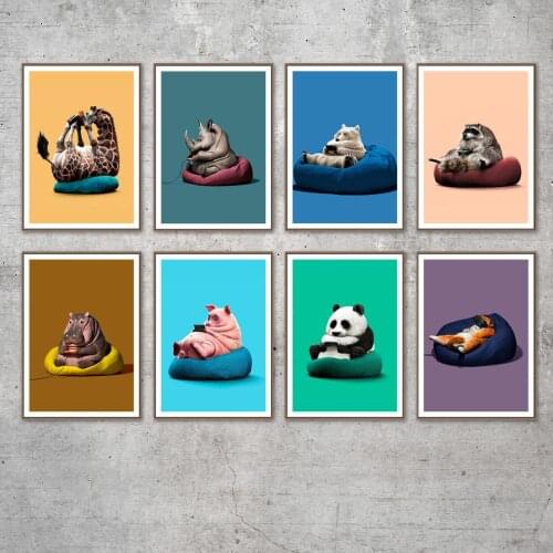 Wall Art Print Canvas Painting Nordic Poster Wall Picture Kids Room Decor Funny Animal Play Games Elephant Giraffe Bear Panda