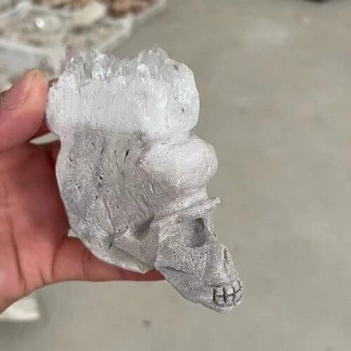 Natural white crystal flower bud, carved crystal skull, realistic, crystal healing
