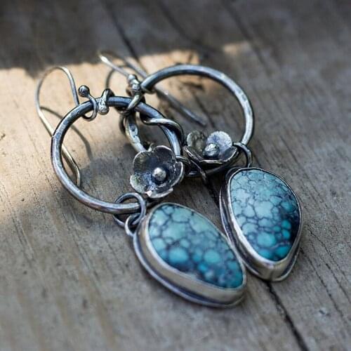 New Vine Roses and Turquoise Pendant Earrings Creative Retro Silver Garland Bohemian Womens Day Gift Fashion Jewelry Wholesale