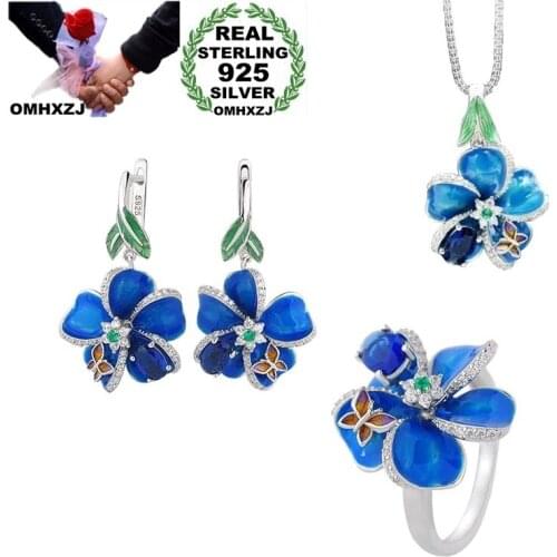 OMHXZJ Wholesale JE31 Fashion Woman Party Birthday Wedding Gift Flower 925 Sterling Silver Necklace+Earrings+Ring Jewelry Set