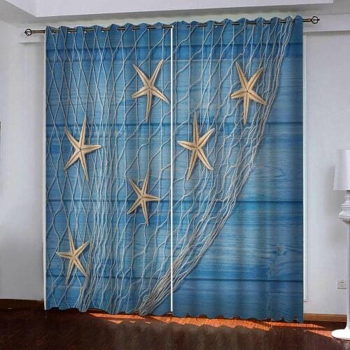 Custom 3D Curtains Wooden plank net starfish Window Curtains for Living Room Bedroom Decorative Kitchen Curtain Drapes