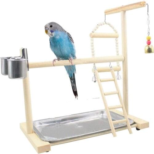 Parrot Playstand Wooden Bird Playground Play Gym Training Perch Platform Hanging Cage Climbing Ladder Ramp Chew Toy Feeder Cups
