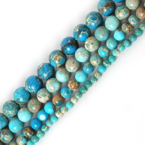 High Quality 15" Natural Stone Lake Blue Sea Sediment Turquoises Imperial Jaspers Round Loose Beads 4MM 6MM 8MM 10MM Pick Size
