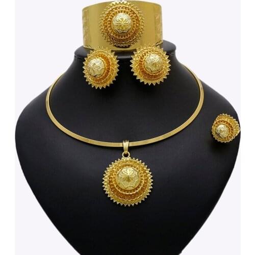 Yulaili Ethiopia Jewelery African Nigerian Wedding Jewelry Sets Gold Color Choker Necklace Earrings Bangle Ring Bridal Gifts