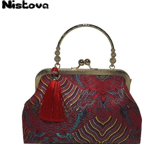 New Style Womens Ethnic Embroidery Tassel Handbag Large Capacity Buckle Hand Bag High-end Atmosphere Dinner Bag