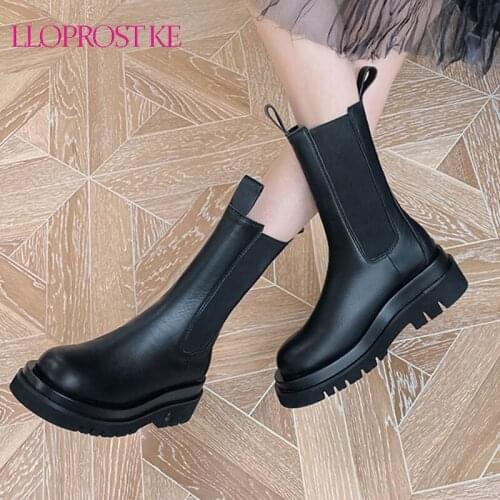 Lloprost ke Size 33-43 Fashion Genuine Leather Boots Women Thick Sole Chelsea British Style Winter Platform Ankle Bootie Black