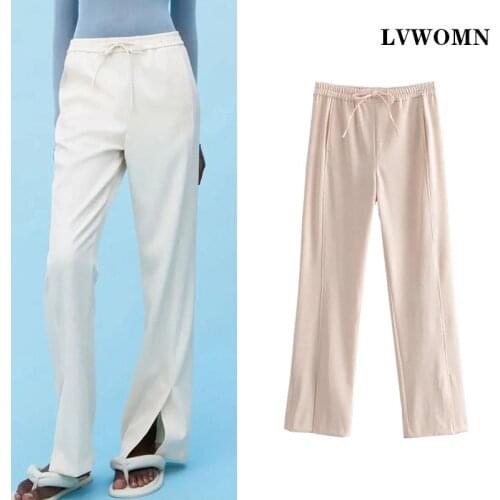 LVWOMN Za 2021 Women Pants Summer Pants Female High Waist Wide Leg Fashion Bandage Elastic Waist Side Split Womens Trousers