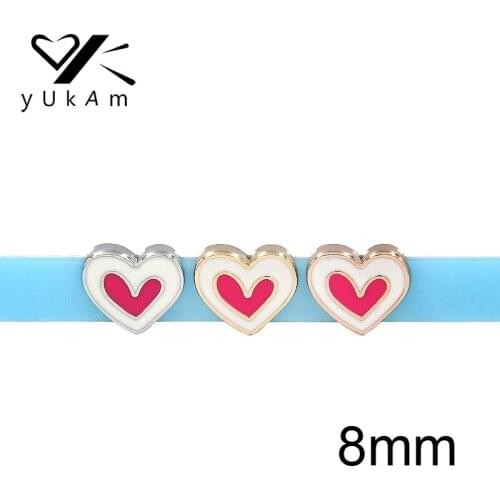 YUKAM Jewelry 8mm Sliders Silver Color Gold Small Enamel Pink Heart Slide Charms Keeper for DIY Mesh Bracelet Accessories Making
