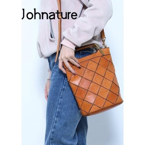 Johnature Luxury Handbags Women Bags Designer 2021 New Genuine Leather Retro Shoulder Bags Versatile Plaid Leisure Messenger Bag