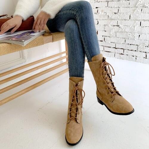 Winter plush and thickened womens knee middle boots womens PU leather womens boots lace up low heels womens Non Slip womens
