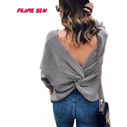 FRAME BEN New 2019 Autumn Winter Womens Sweaters V Neck Backless Criss-cross Long Sleeve Pullover Casual Lady Sweater