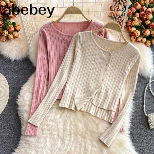 2021 New Spring Autumn Temperament O-neck long sleeve knitted Cardigan irregular design single breasted short solid Sweater Top