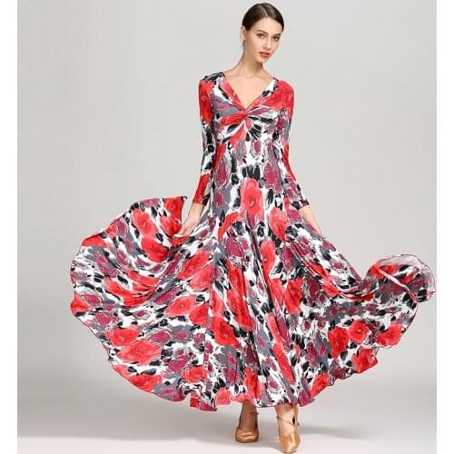Lady Ballroom Dancing Dress Print Flower Performance Dance Suit National Standard Dancing Dress Waltz Costumes D0831
