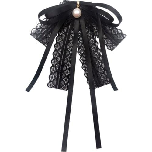 Women Girls Black Lace Ribbon Bow Tie Imitation Pearl Pendant Brooch Pin Necklace Student Uniform Shirt Blouse Pre-Tied Jabot C