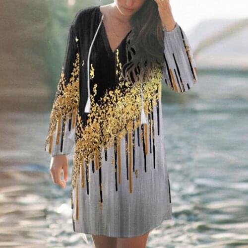 Women Elegant V-Neck Tassel Chic Party Dress Autumn Winter Long Sleeve Casual Loose Dresses Vintage Harajuku Printed Dress Mujer