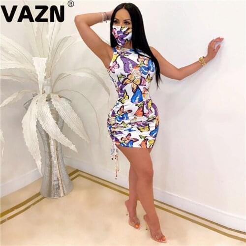 VAZN 2020 New Summer Mini White Color Dress New Fashion Women Sexy Boho Cartoon Sleeveless Beach Halter Vestidos For Female