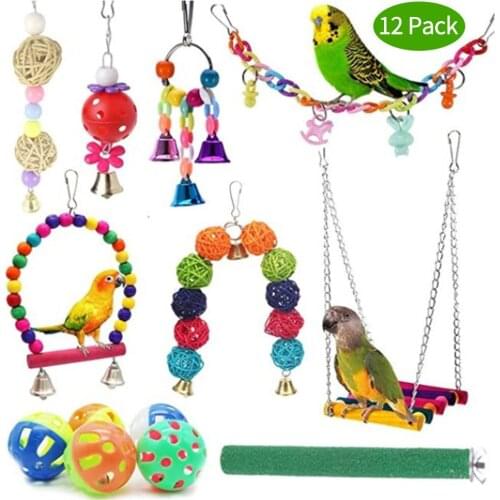12Pcs Combination Parrot Toys Bird Articles Parrot Bite Toys Parakeet Interesting Swing Ball Bell Standing Training Toys