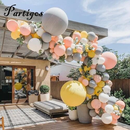 130pcs Macaron Balloon Arch Garland 10"-36" Gray Yellow Balloon With Artificial Leaf For Wedding Birthday Event Party Decoration
