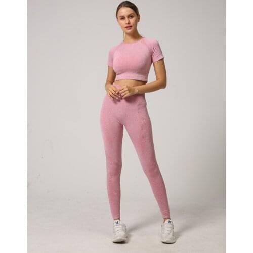 2pcs/set Women Yoga Set High Waist Seamless Leggings Gym Clothes Fitness Top Short Sleeve Shirt pants Sports Suits Athletic Wear