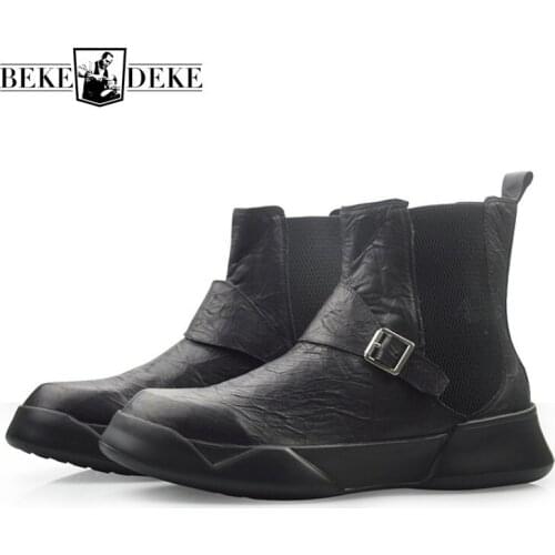 Winter Mens Gothic Thick Platform Shoes Genuine Leather High Top Slip On Chelsea Boots Fashion Biker Combat Boot Safety Shoes