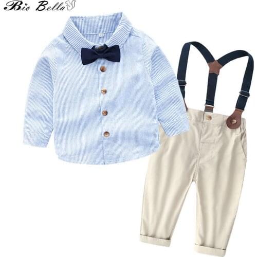Kids Gentle Boy Suits Bow Tie Striped T-shirt+Pants with Suspender 2pcs Outfits Gentleman Long Sleeve Cotton Boy Clothing Sets