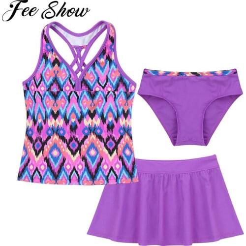 Kids Girls Brazilian Swimwear Beach Swimsuit Swimming Bathing Suits Sleeveless Swimming Top with Briefs+Skirt 3Pcs Bikini Sets