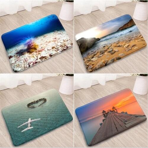 Ocean Scenery Bathroom Mat Seabed Plants Beach Boat Wooden Bridge Airplane Heart-Shaped Sunrise Sunset Lighthouse Non-Slip Rugs