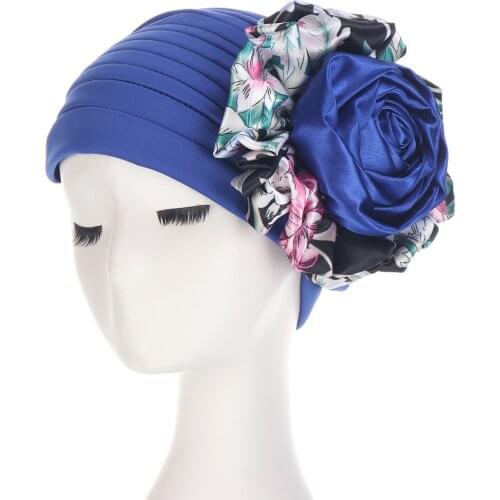 Colorful Big Flower Turban Cap For Women Stretchy Muslim Hijab Bonnet Ready to Wear Female Head Wraps African Headtie Indian Hat