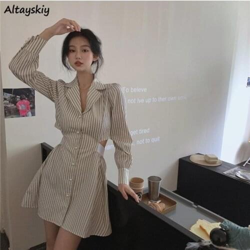 Striped Mini Dresses Women Hole Single Breasted Elegant Korean Style A-line Vestido Feminino Female Popular Chic Slim Ulzzang
