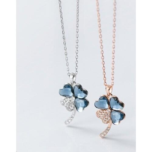 MIQIAO Charms Jewelry 925 Sterling Silver Four Leaf Clover Pendant Necklace Blue Diamond Zircon Female Clavicle Chain Fashion