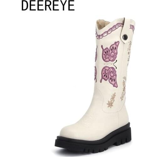 Fashion Womens Winter Platform Embroidered Knight Designer Mid-Calf Boots Slip On Leather Footwear Round Toe Luxury Shoes 2021