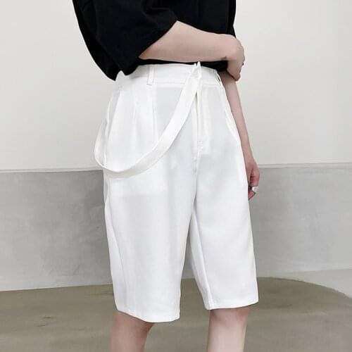 Mens Korean summer large detachable ribbon design casual pants trend White Straight Suit Shorts