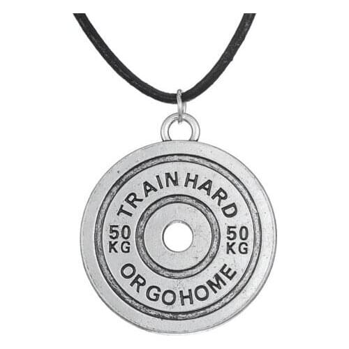 50KG Weight Plate Train Hard or Go Home Barbell BBMAN Pendant Necklace for Men Jewelry