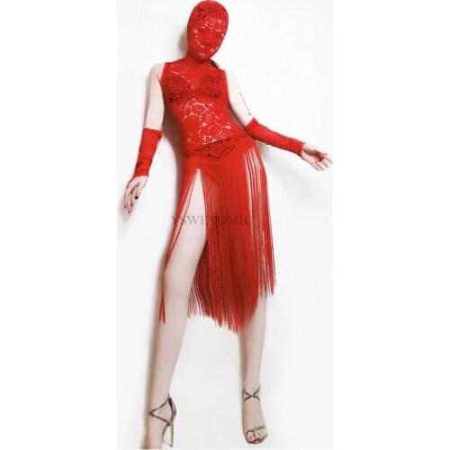 Sexy Tassels Dress Perspective Red Chinese Style Bar Led Dancing Nights ds Show New Nightclub costume with head cover for woman