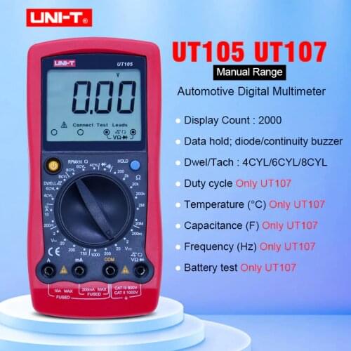 UNI-T UT105/UT107 Handheld Automotive Multipurpose Meters Manual Range Multimeter Input Protection Tach Battery Test