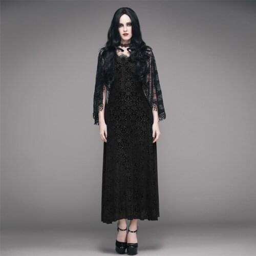 Gothic Steampunk Spring Black Velvet Dress Match Tassel Shawl Steampunk Sleeveless Strap Lace Long Dress With Feather Collar