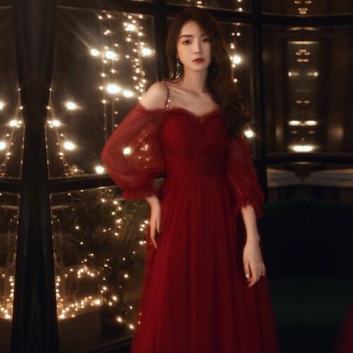 High Quality Burgundy Tulle Banquet Gowns The Bride Party Toast Clothing Elegant Spaghetti Strap A-Line Prom Party Dresses