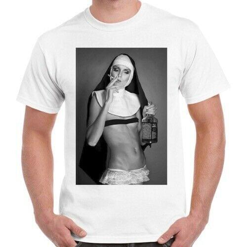 Nun Smoking Drink Weed Funny Novelty Men Women Unisex Retro T-Shirt Summer Short Sleeve Cotton Tshirt Cool Tees Tops